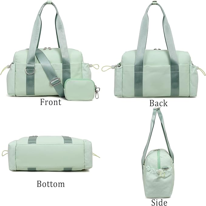 Everyday Mini Gym Bag for Women 2.0, Small Tote with Zipper Compartment Waterproof Travel Duffle Cute Handbag Workout Carry On with Removeable Shoulder Strap & Coin Wallet Easy to Clean - Green