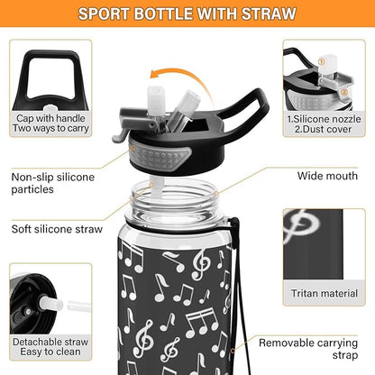 Fustylead Music Notes 32 oz Tritan Water Bottle with Straw, Leakproof and BPA-Free Sport Water Bottle for Fitness, Gym & Outdoor