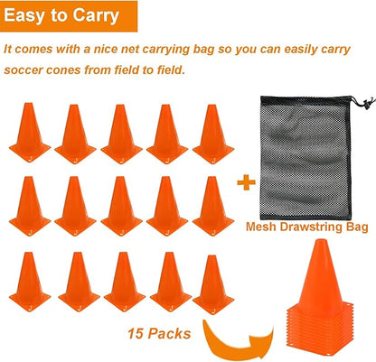 7 Inch Soccer Cones with Carry Bag,15 Pcs Sports Training Cones, Basketball Football Skating Drills Cones, Small Plastic Agility Marker Cone For Indoor and Outdoor Games,Orange Mini Traffic Cones