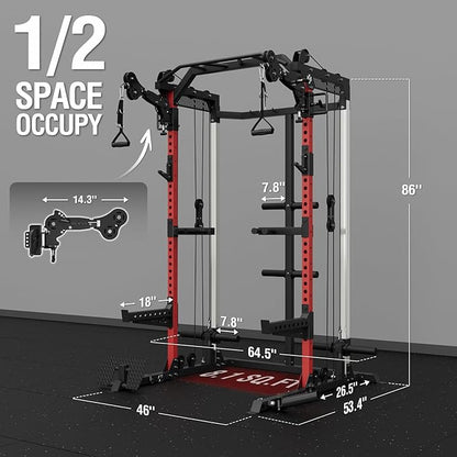 Mikolo Power Cage, 2000LB Power Rack with Independent Dual Pulley System, Multi-Function Home Gym Workout Machine for Cable Crossover