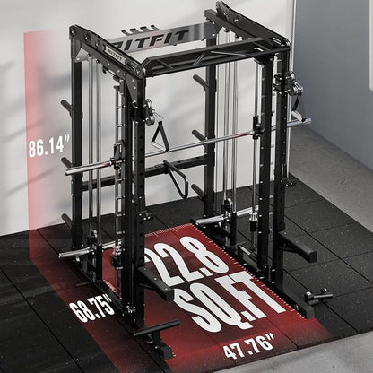 RitFit M2 Smith Machine with with Cable Crossover System, 3D Functional Trainer & Power Cage, 16 Adjustment Holes, 6 Storage Pegs for Full-Body Home Gym