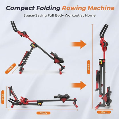 Ab Machine and Rowing Machine, 4 in 1 Rowing Machines for Home with 3 Levels of Workout Resistance, Quiet & Foldable Rower Machine with 3 Adjustable Handle Heights & LCD Monitor, Row Machine for Home