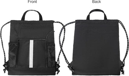 BeeGreen Mix-Black-Drawstring-Backpack-Bag, Large String Sack with Shoe Compartment and Two Side Mesh Pockets Lightweight Sturdy For Gym