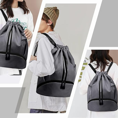 Hoedia Sports Drawstring Backpack - String Swim Gym Bag with Shoes Compartment and Wet Proof Pocket for Women/Men (Dark Grey)