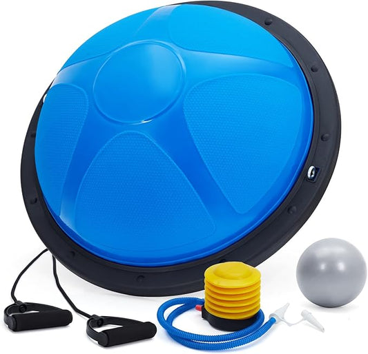 23/25in Balance Ball, 1600 lbs Half Exercise Ball with Nonslip Base, Inflatable Half Ball Balance Trainer, Stability Half Yoga Ball Strength Training Equipment with 2 Bands, Pump, Extra Ball Included,