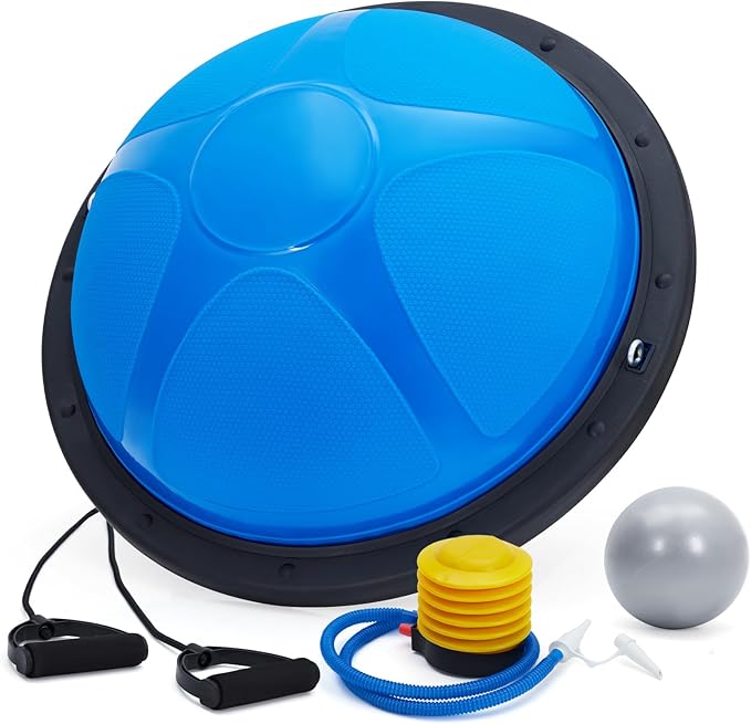 23 inch Balance Ball Half Yoga Ball, 1600 Lbs Half Exercise Ball with Nonslip Base, Inflatable Half Ball Balance Trainer with 2 Bands, Pump, Extra Ball Included