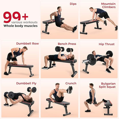 FLYBIRD Foldable Flat Weight Bench For Home Gym, Sturdy Strength Training Workout Bench, Space-saving Bench Press Flat Exercise Bench, Easy to Assemble