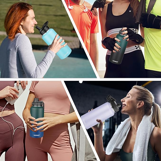 Insulated Water Bottle with Straw&2 Lids 32oz Metal Water Bottle Leakproof Travel Stainless Steel Water Bottles Reusable Double Wall Gym Sports Cup Flask for Camping Hiking, Purple