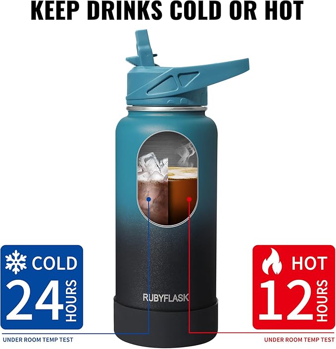 32oz Insulated Water Bottle with Straw, Stainless Steel Metal Vacuum Water Flask, Large Thermal Water bottle with Leakproof 3 Lids for Travel, Camping, Gym Sports Black