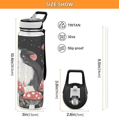 Fustylead Lovely Guinea Pig and Red Amanita Mushrooms Tritan Water Bottle with Straw and Lids, 32 oz Reusable BPA Free Sport Water Bottle for Gym Camping Hiking Travel