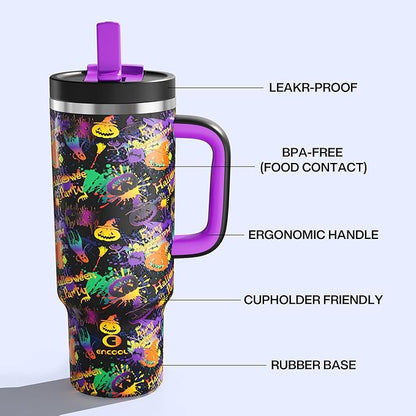 ENCOOL 40 oz Tumbler with Handle and Straw: Stainless Steel Insulated Tumbler Keeps Cold for 24 Hours, Leakproof Travel Cup Fits in Cup Holder and BPA-Free, Ghost Party