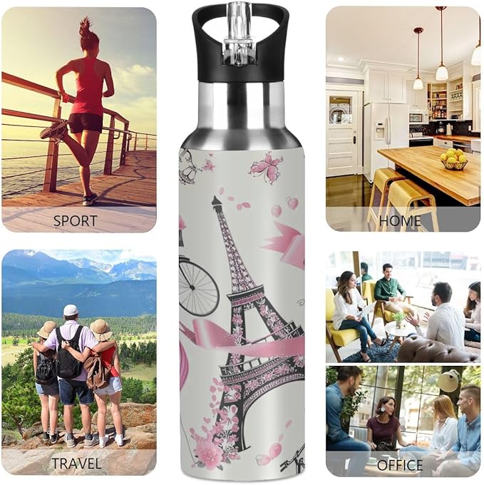 Eiffel Tower Paris France Flower Water Bottle Vacuum Insulated Stainless Steel Mug Kids Water Bottle with Straw and Handle Keep Hot Cold Sport Bike Fit Travel Outdoor 20 oz