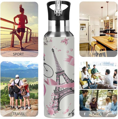 Eiffel Tower Paris France Flower Water Bottle Vacuum Insulated Stainless Steel Mug Kids Water Bottle with Straw and Handle Keep Hot Cold Sport Bike Fit Travel Outdoor 20 oz