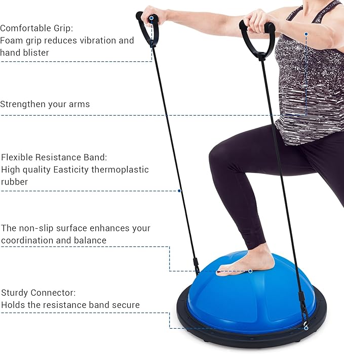 23/25In Half Balance Ball with Non-Slip Base, 1600Lb Capacity Stability Trainer for Core Workout, Includes Resistance Bands, Pump, and Bonus Ball, for Home Gym Stability Workouts