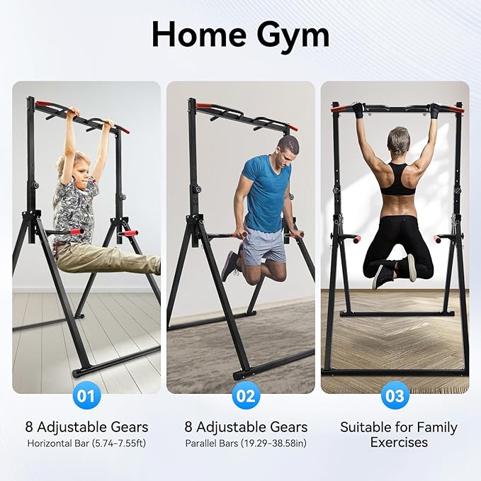 Power Tower Pull Up Dip Station, Foldable Pull Up Bar Rack Dip Station 5.74-7.55ft Height Adjustable Home Strength Training Fitness Workout Equipment, Up to 440lbs (With double bars)