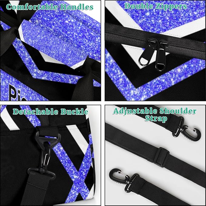 Personalized Gymnastics Cheer Bag Names for Girls Teens, Custom Name Sport Fitness Duffle Gym Training Bag Travel Weekender Lightweight Bags, Light Blue Glitter Black
