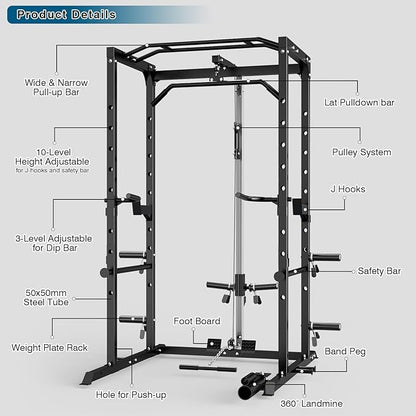 Power Cage, Multi-Functional Power Rack with J-Hooks, Dip Handles, Landmine Attachment and Optional Cable Pulley System for Home Gym