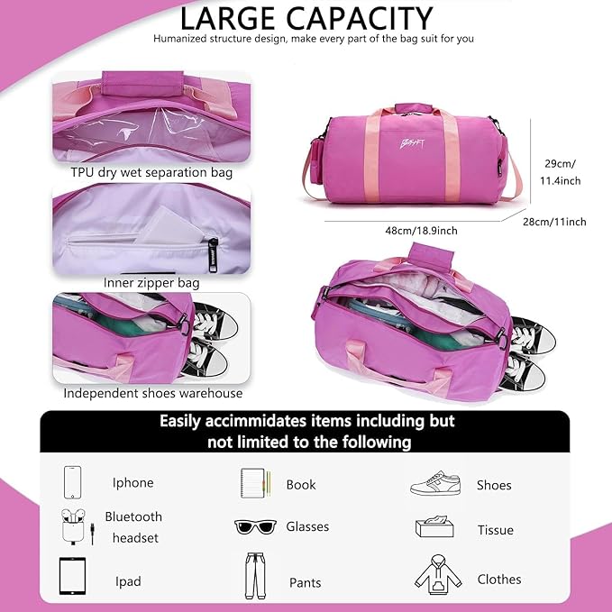 BE Smart Gym Bag Sports Duffle Bag for Men Women, Waterproof Gym Bags Weekender Bags with Shoe Compartment, Lightweight Large Overnight Workout Bag, Purple With Tpu Pocket, Casual Fashion