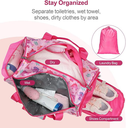 Bagseri Dance Bag for Girls - Kids Duffle with Shoe Compartment, Gymnastics Tote for Sleepover Travel with Water Resistant Wet Pocket (Pink & Crown Dinosaur)