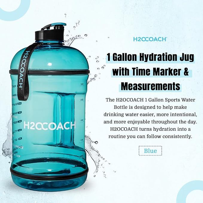 H2OCOACH 1 Gallon Hydration Jug with Time Marker & Measurements, BPA-Free Tritan Sports Drink Container, Motivational Daily Intake Tracker for Gym, Workout, & Fitness Routines (128 oz, Blue)
