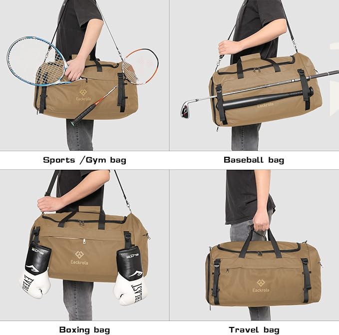 Eackrola Large Sports Gym Bag, Travel Duffel bag with Wet Pocket & Shoes Compartment for men women, 65L, Lightweight