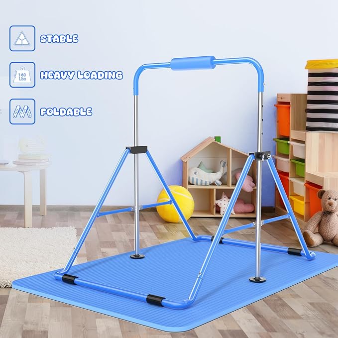 Safly Fun Foldable Gymnastics Bar for Kids, Adjustable 35"-51", Sturdy 145 lbs Capacity, Easy-to-Assemble, Gymnastics Equipment for Kids for Indoor/Outdoor Training