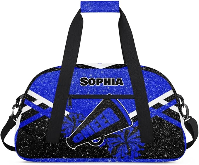 Personalized Cheer Duffle Bag - Customized Travel Overnight Weekender Bag for Cheerleaders - Royal Blue with Glitters Effect