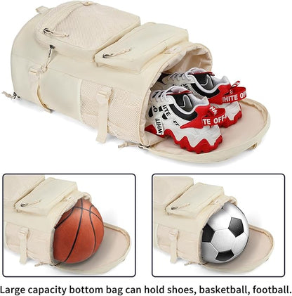 Solid color gym duffel bag backpack, wrestling bag,with shoe compartment, 4 kinds of back method waterproof travel sports walking laptop Lightweight（B-Sea Salt White）