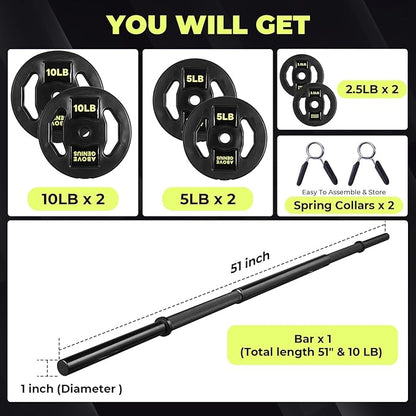 Barbell Weight Set, 45 LB Adjustable Free Weights Bar Set for Home Gym Strength Training, Full Body Workout, Muscle Building, Home Fitness Weight Lifting Equipment