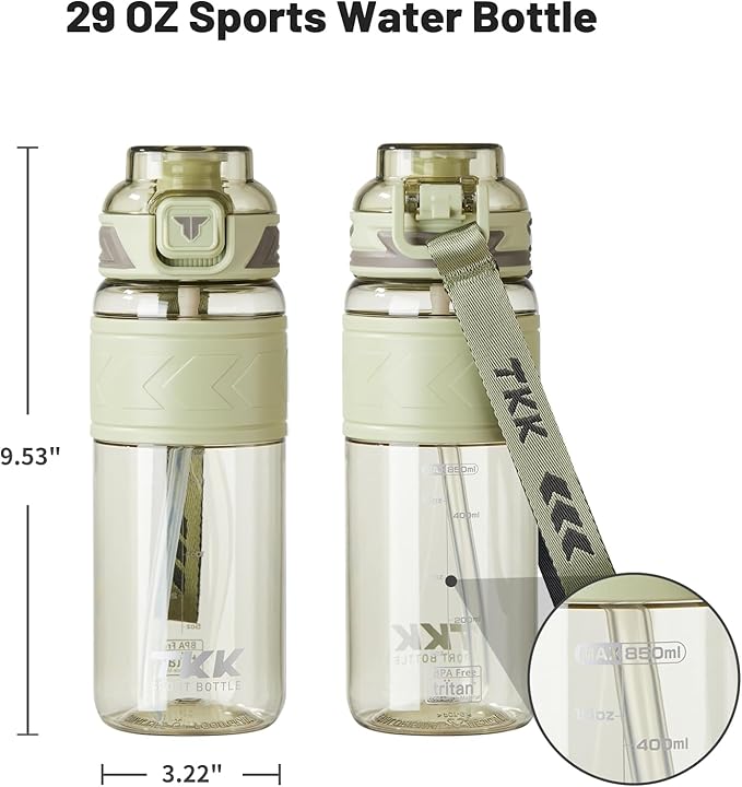 TKK Sports Water Bottles with Removable Straw 29 oz Leak-proof Flip Top Lid BPA Free Tritan Bottle with Strap for School, Fitness, Gym, Outdoor, LighGreen