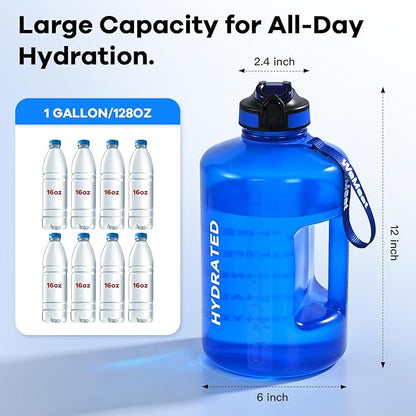1 Gallon Water Bottle with Handle, 128oz LeakProof Reusable Gym Water Bottle with Capacity Scale, BPA Free, Ideal for Gym and Outdoor Life (Blue)