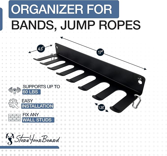 StoreYourBoard Home Gym Equipment Storage Rack, Wall Mount Hanging Organizer, Fitness Accessories Workout Bands Jump Ropes Yoga Foam Roller Belts, Solid Metal Exercise Gear Hooks