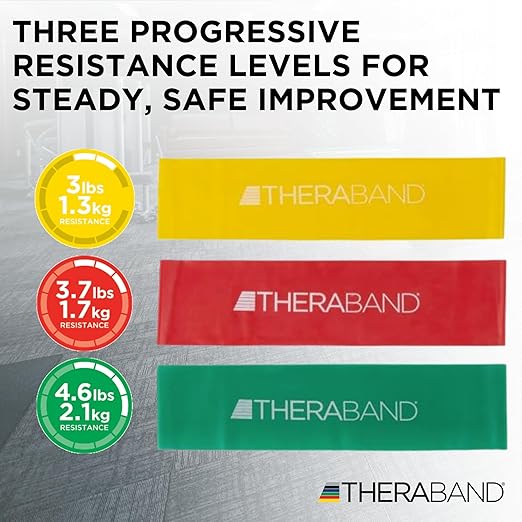 THERABAND Resistance Bands Set, Beginner Kit, Yellow, Red, Green, Latex Elastic Bands for Exercise & Physical Therapy, Strength Training Bands for Upper & Lower Body Fitness