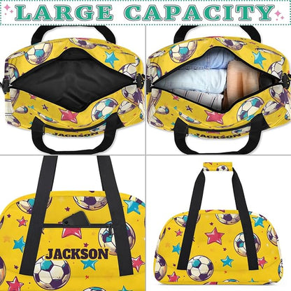 Personalized Soccer Yellow Gym Duffel Bags for Kids Boys with Custom Name Sport Training Travel Bags for Overnight Weekender
