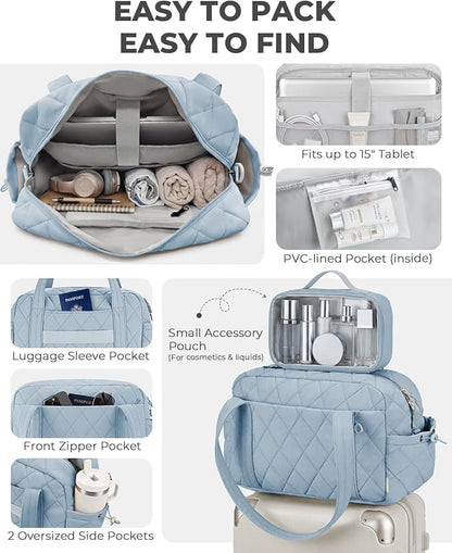 Percover Women Gym Bag with Toiletry Organizer Pouch, Quilted Workout Duffle with Compartments for Daily Fitness & Yoga, Locker-Friendly Soft Carry, Slate Blue