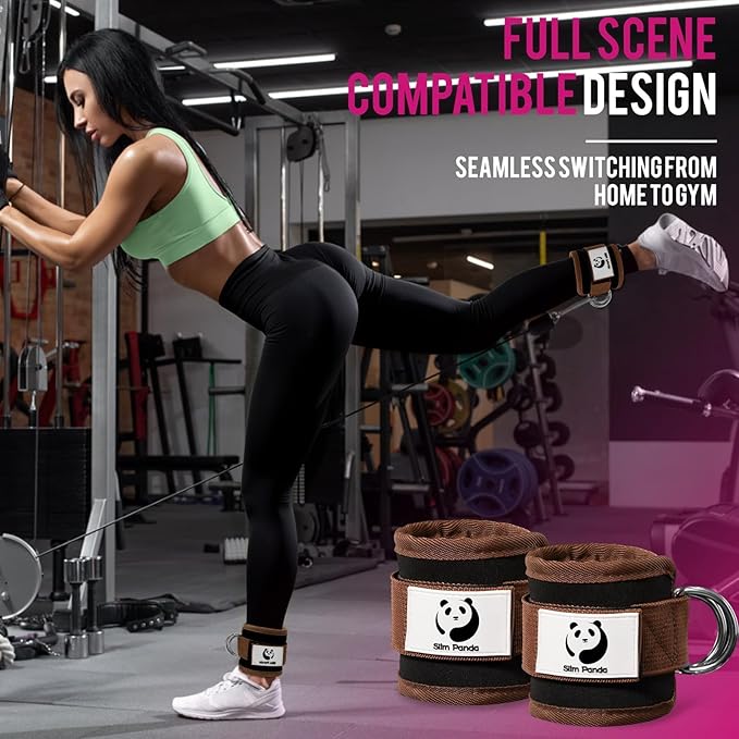 Slim Panda Ankle Strap for Cable Machine,Ankle Cuff for Kickbacks, Booty Hip Abductors,Glute Workouts, Leg Extensions, Curls for Men and Women, Adjustable with Double D-Rings