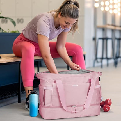 ETRONIK Gym Bag for Women, 45L Carry On Travel Duffel Bag with Shoes Compartment, Weekender Overnight Bag with Wet Pocket & USB Charging Port for Women, Travel, Gym, Weekend, Large Size (Beige)