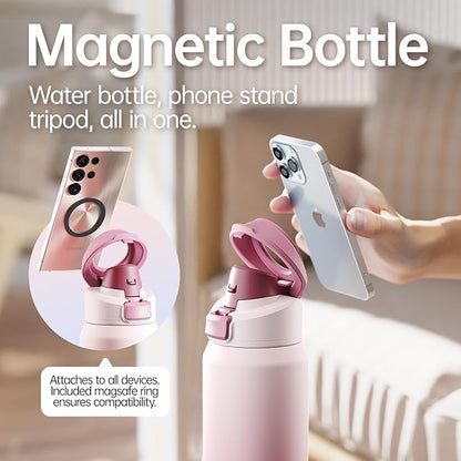 Insulated Magnetic Water Bottle - Reusable Stainless Steel Bottle with MagSafe Compatible Phone Holder - Perfect for Gym, Sports, and Travel - Blush Pink 32oz