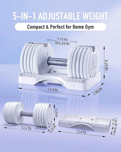 BYZOOM FITNESS Pure Series Adjustable Dumbbell - 12.5/25/27.5/75lb - ONE UNIT OR PAIR(check QTY before purchase) - 5-in-1/ 10-in-1 / 21-in-1 Flexible Hand Weights for Home Gym, Strength Training & Fitness Workouts, White OR Black