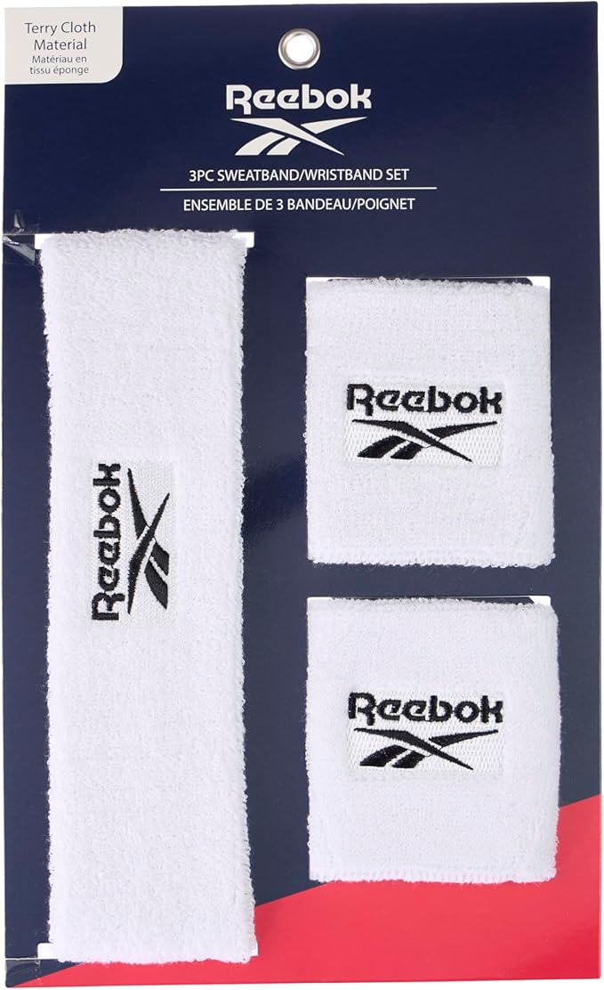 3pc Unisex Athletic Sweatband Set - 2.25in Workout Headband & 3.25in Wristbands w/Stay Dry Technology, Terry Cloth Band Moisture-Wicking Fabric | Quality Fitness Accessories for Active Comfort-Reebok