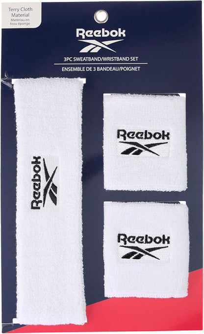 3pc Unisex Athletic Sweatband Set - 2.25in Workout Headband & 3.25in Wristbands w/Stay Dry Technology, Terry Cloth Band Moisture-Wicking Fabric | Quality Fitness Accessories for Active Comfort-Reebok