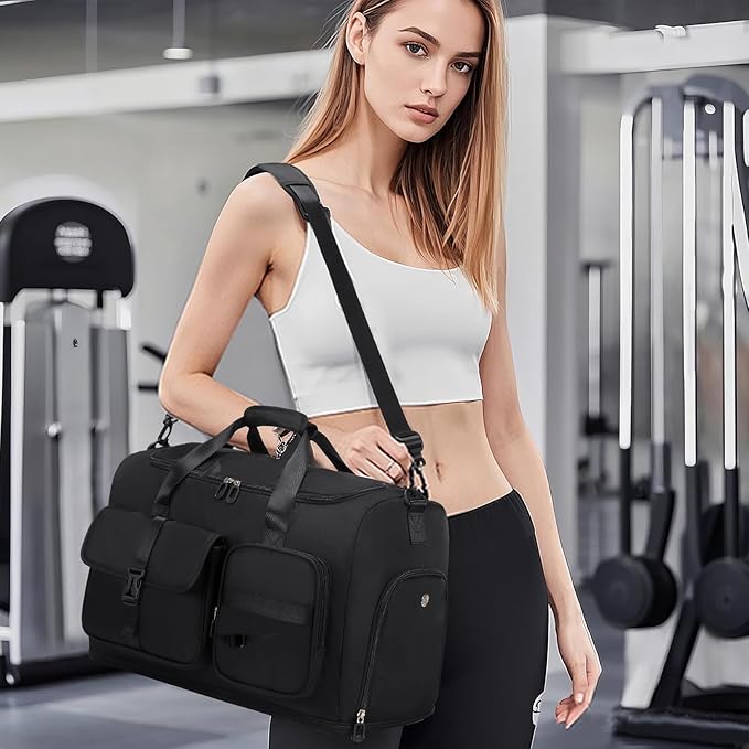Women's Gym Bag Travel Duffel 40L Expandable 8L with Shoe Compartment Wet Pocket for Yoga Fitness Overnight Weekender Black