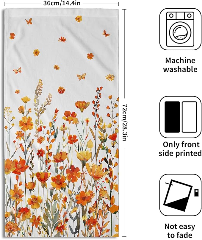Watercolor Orange Daisy Hand Towels Fall Yellow Wildflowers Leaves Plant Bathroom Towel Autumn Floral Botanical Decorative Fingertip Season Thanksgiving Soft Absorbent Kitchen Hotel Spa Gym Towel