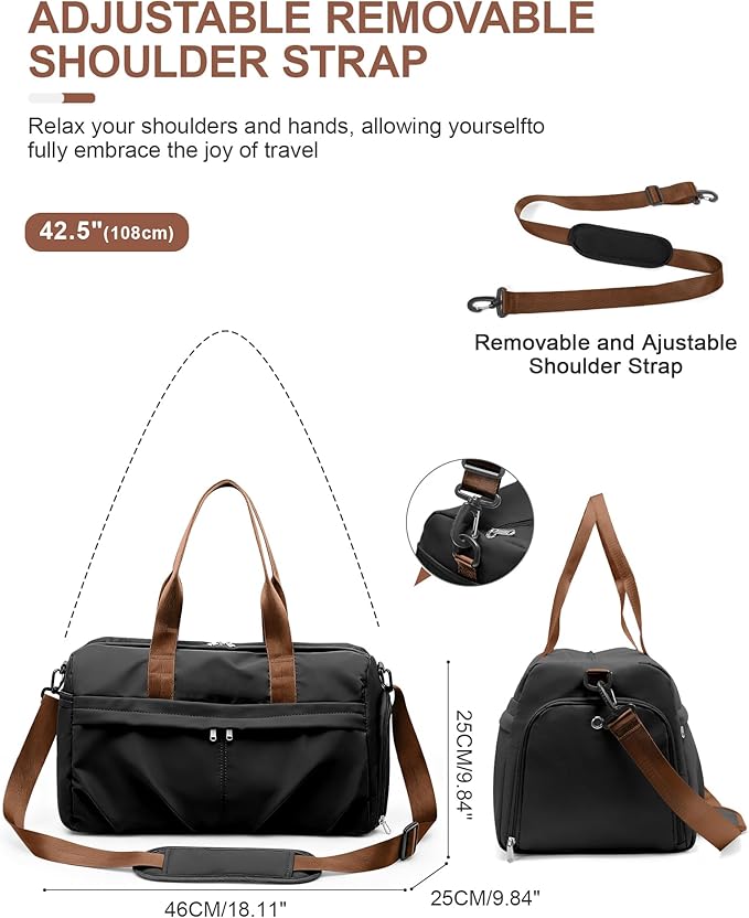 Gym Bag for Women Men with Shoe Compartment, Sport Duffel Bag, Waterproof Travel Weekender Overnight Carry on Bag for Yoga with Trolley Sleeve, Black Brown