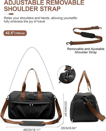 Gym Bag for Women Men with Shoe Compartment, Sport Duffel Bag, Waterproof Travel Weekender Overnight Carry on Bag for Yoga with Trolley Sleeve, Black Brown