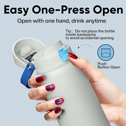 Insulated Water Bottle with Straw - Encool Stainless Steel Water Bottle with Push Button Lid, Leak-Proof & BPA-Free, Keeps Cold for 24 Hours for Sports, Travel, Gym (32 oz, Quill Grey-Blue)