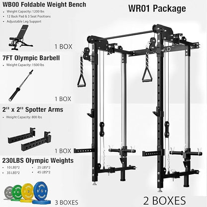 Mikolo Folding Squat Rack, Wall Mounted Power Rack with Cable Crossover Machine & LAT Pull Down, Functional Trainer with 5 Adjustable Function Modes, for Home Gym and Space Saving