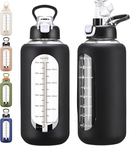 64 oz Glass Water Bolttles with Straw Half Gallon Large Motivational Water Bottle with Time Marker Sports Water Bottles with Silicone Sleeve and Handle Lid Water Jug for Gym Workout