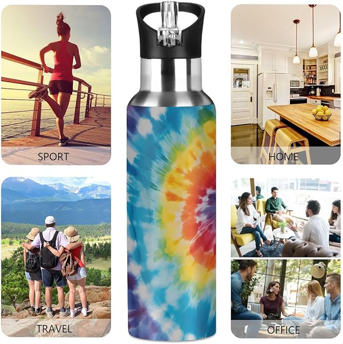 Retro Abstract Swirl Tie Dye Water Bottle Vacuum Insulated Stainless Steel Mug Kids Water Bottle with Straw and Handle Keep Hot Cold Sport Bike Fit Travel Outdoor 20 oz