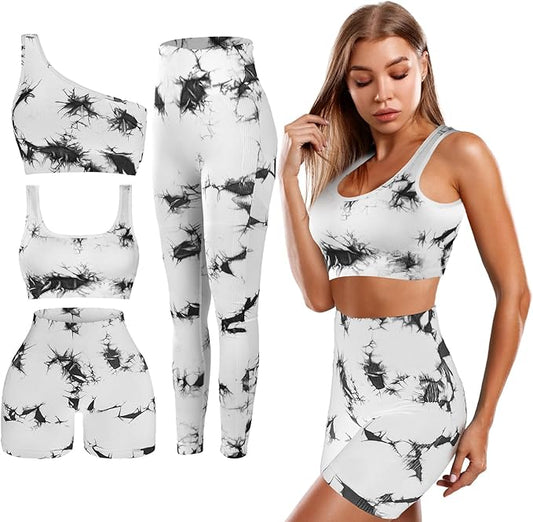 4 Pcs Women's Workout Sets Pilates Exercise Outfit Ribbed Scoop Neck Sports Bra Shorts Leggings Gym Clothes Set